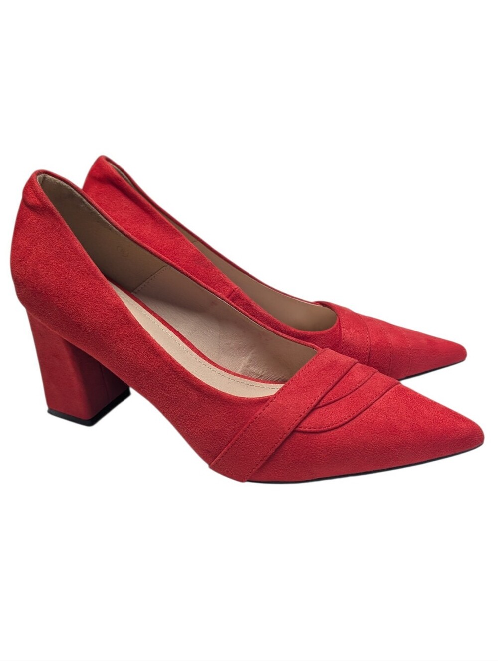 Emerson Women's Red Faux Suede Pleated Pointed Toe Block Heel Pumps Size 8